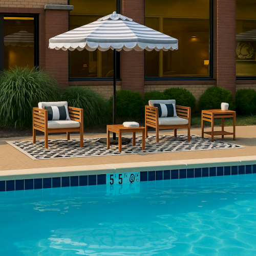 Poolside view with chairs, a table, and an umbrella on a rug near a building, with the pool water reflecting light.