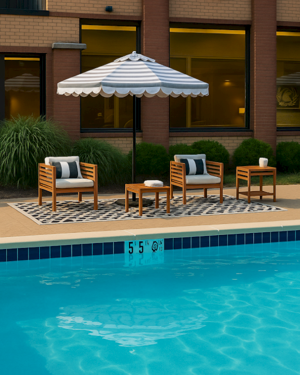 Poolside view with chairs, a table, and an umbrella on a rug near a building, with the pool water reflecting light.
