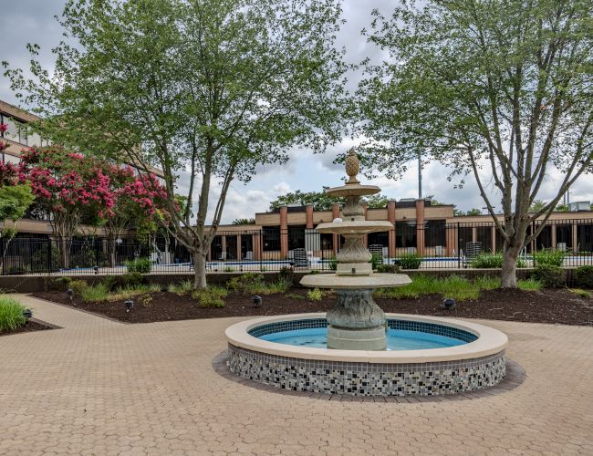 An outdoor courtyard features a central tiered fountain, surrounded by trees, plants, and a brick pathway. A building is visible in the background.