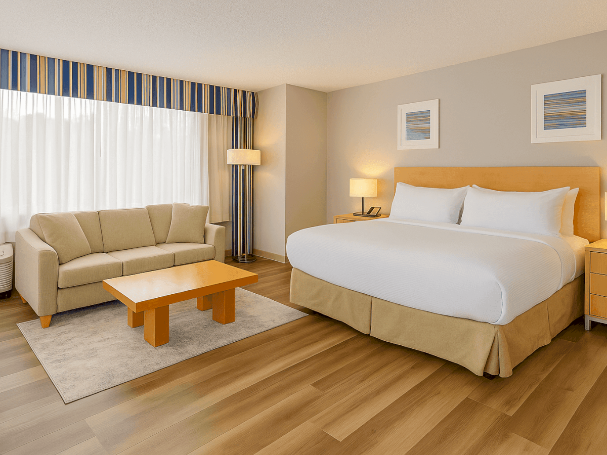A hotel room with wooden flooring, a bed, sofa, coffee table, lamps, and framed art on the walls is shown in the image.