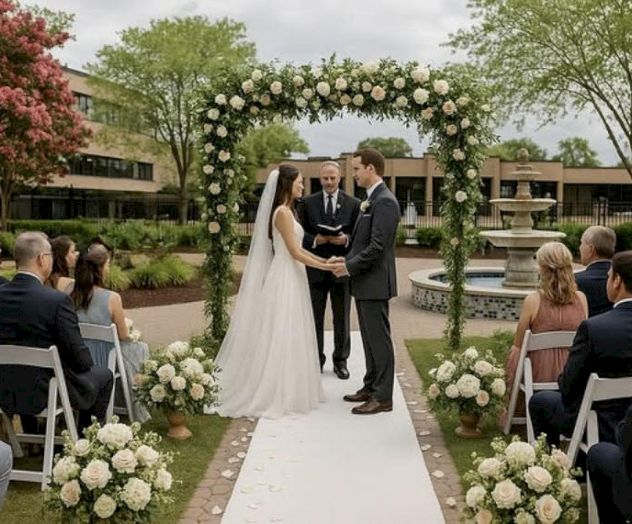 A couple is getting married outdoors under a floral arch, with guests seated on either side. The setting is elegant and serene.