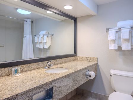 A clean bathroom with a large mirror, granite countertop, sink, toiletries, toilet, towel rack holding folded towels, and a shower curtain.