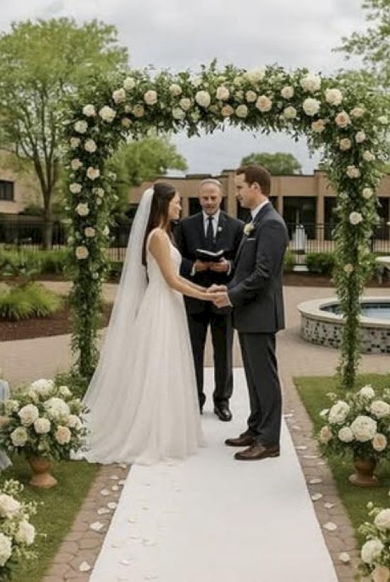 A couple stands under a floral arch during an outdoor wedding ceremony, surrounded by guests seated on either side.