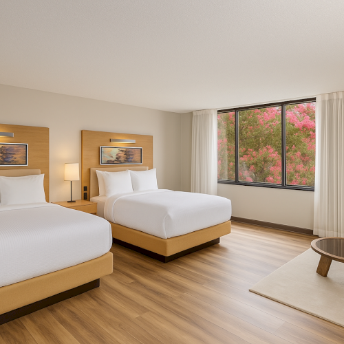 A hotel room with two large beds, a window with a garden view, a small round table with a vase, and modern decor.