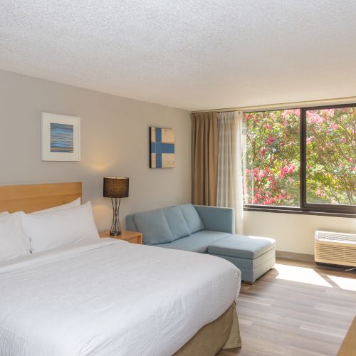 The image shows a hotel room featuring a large bed, a sofa, a window with curtains, and wall art, all in a bright and airy setting.