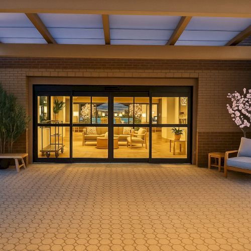 This image shows a welcoming entrance with a glass door, plants, seating, and warm lighting leading to an interior space.