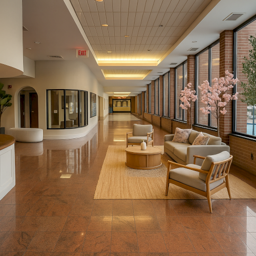 A modern lobby with seating, a wooden coffee table, potted plants, and large windows letting in natural light.