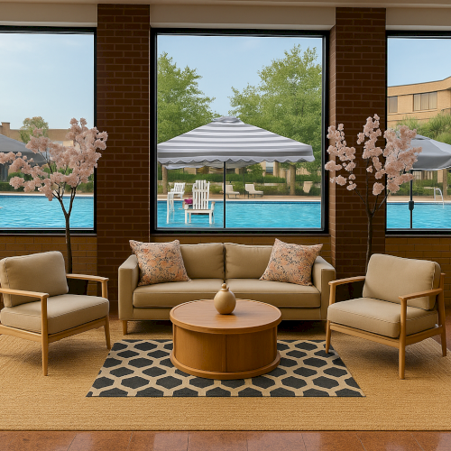 A cozy seating area with armchairs and a sofa faces large windows overlooking a pool and umbrellas, creating a relaxing scene.