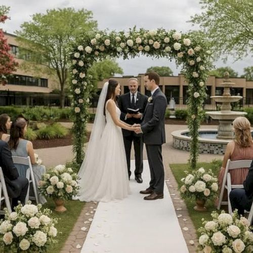 A couple stands under a floral arch at an outdoor wedding, surrounded by seated guests and greenery, with a fountain visible in the background.