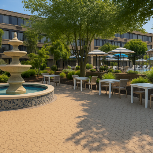 The image shows an outdoor patio area with tables, chairs, a multi-tiered fountain, and surrounding greenery.
