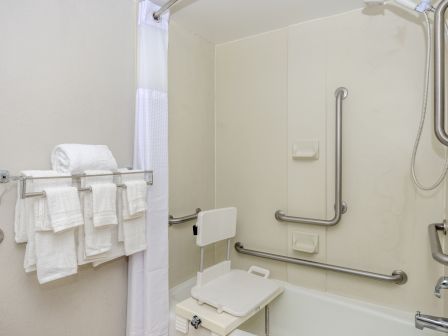 This image shows an accessible bathroom with a shower seat, grab bars, a wall-mounted showerhead, and a white shower curtain.