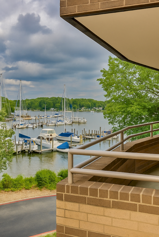 A building's balcony overlooks a marina with sailboats, surrounded by trees and a cloudy sky.