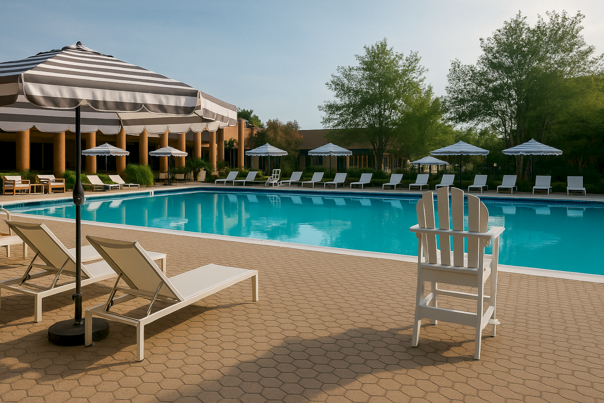 A serene outdoor pool area with lounge chairs, umbrellas, and a lifeguard chair, surrounded by trees and a building in the background.