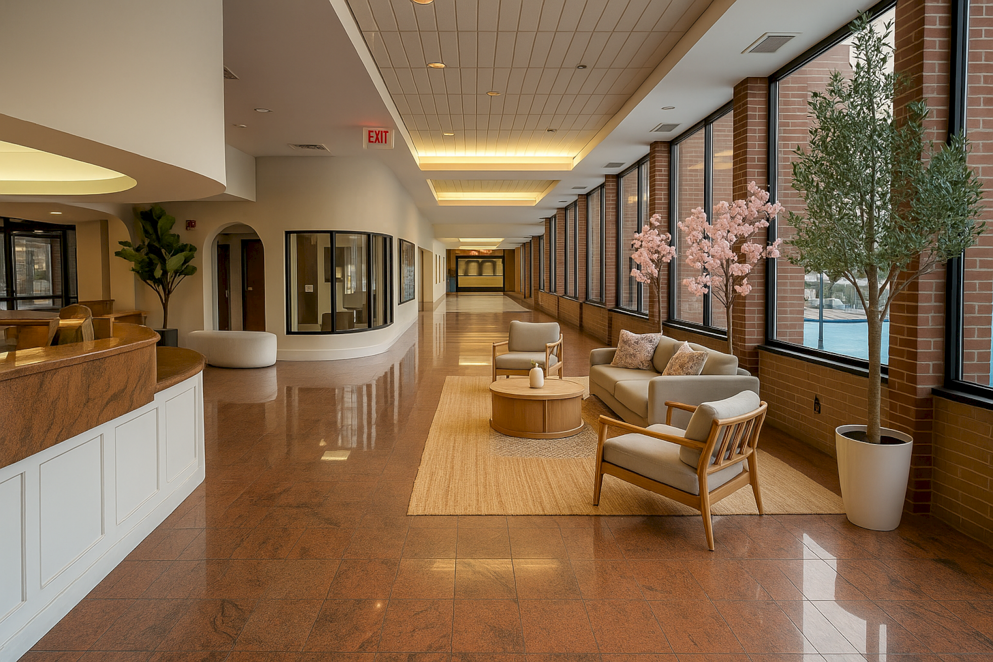 A well-lit hallway with large windows, seating area, potted plants, and a reception counter on the left.